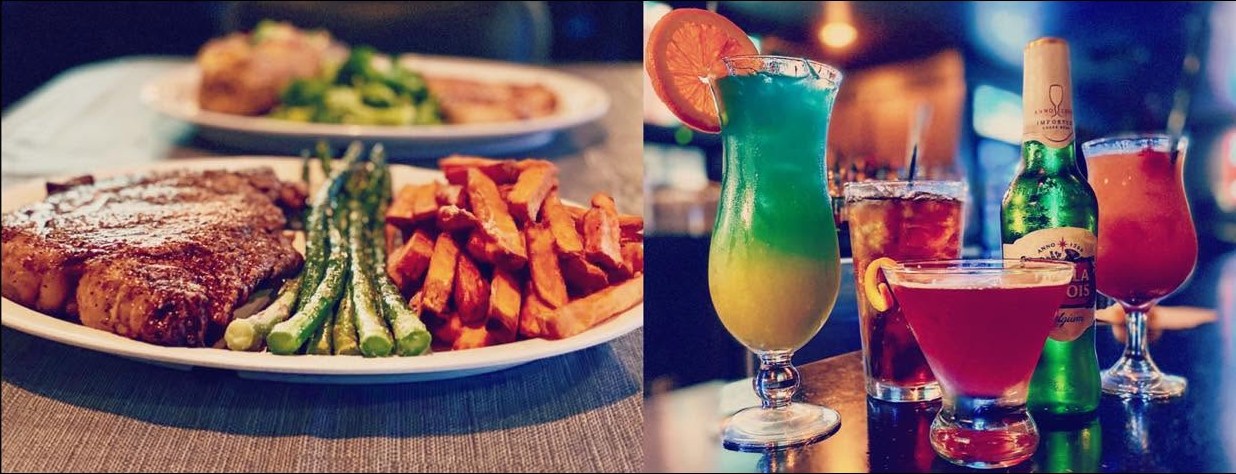 A steak plated with asparagus and sweet potato fries beside a row of cocktails and a cold beer on the bar